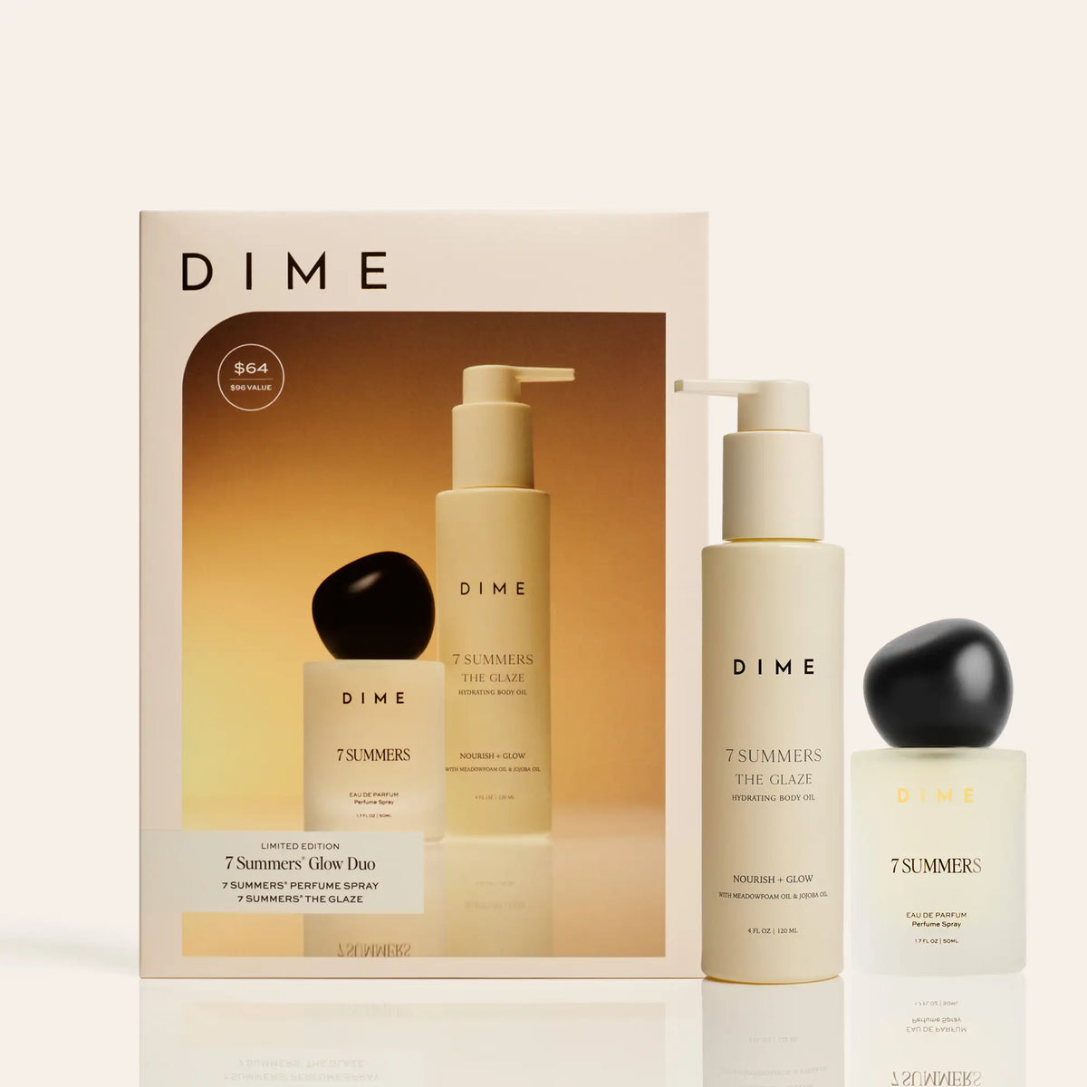 DIME 7 Summers two-piece set with pump bottle body oil and eau de parfum spray with black sphere caps.