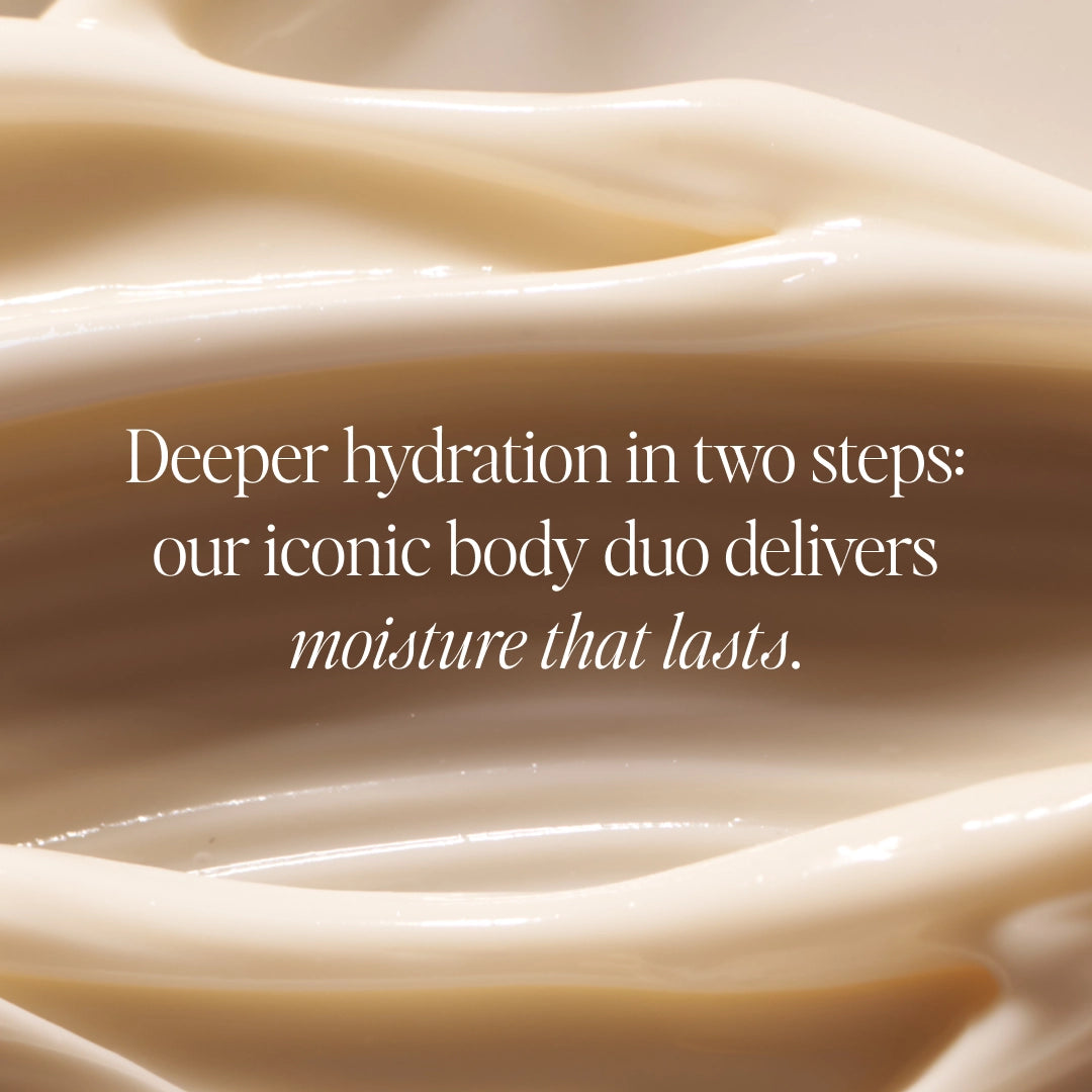 Two-step body care duo with cream and lotion textures in beige and white tones.
