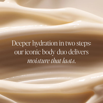 Two-step body care duo with cream and lotion textures in beige and white tones.