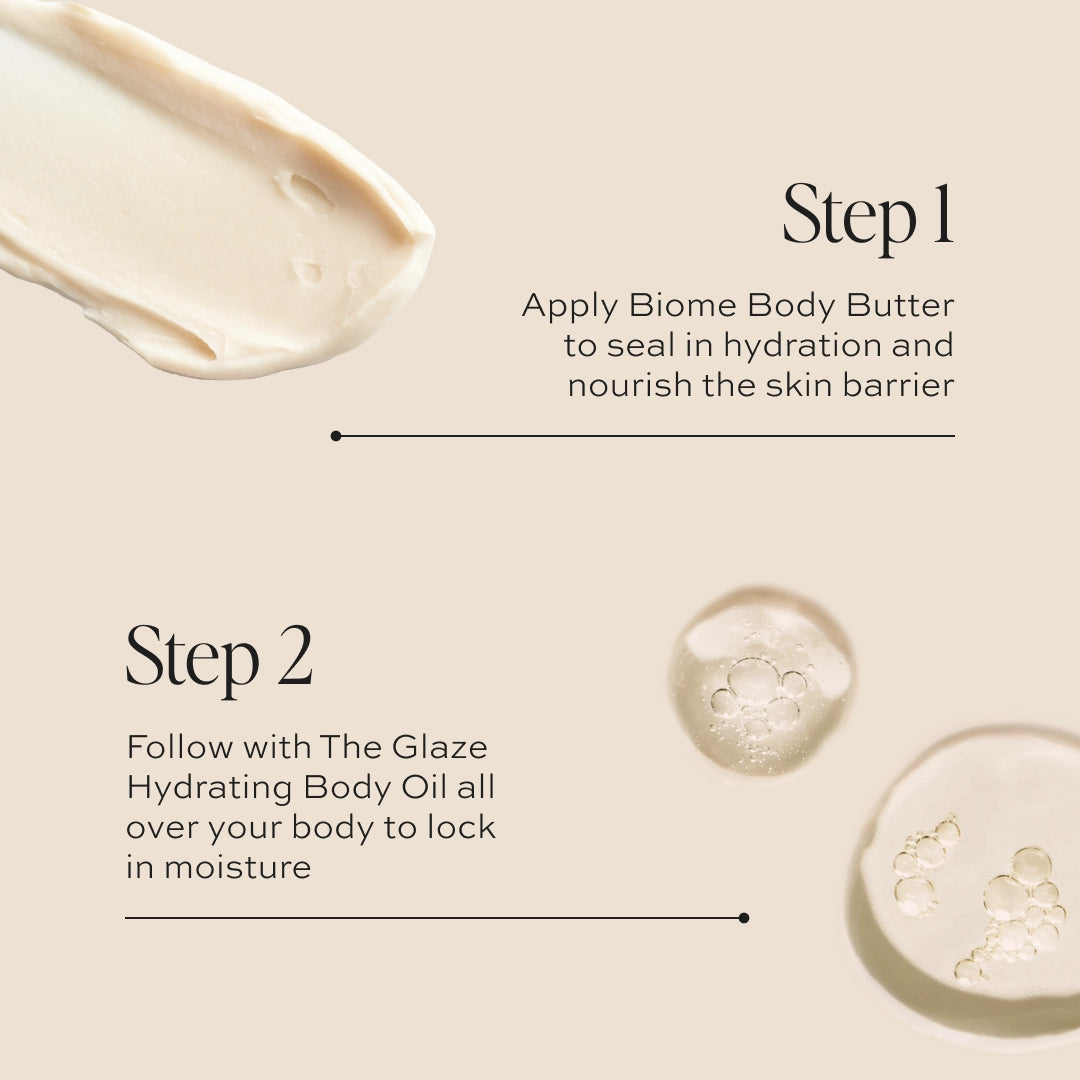 Two-step body care set showing cream butter application in step one and clear hydrating oil in step two.