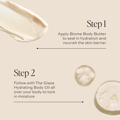 Two-step body care set showing cream butter application in step one and clear hydrating oil in step two.