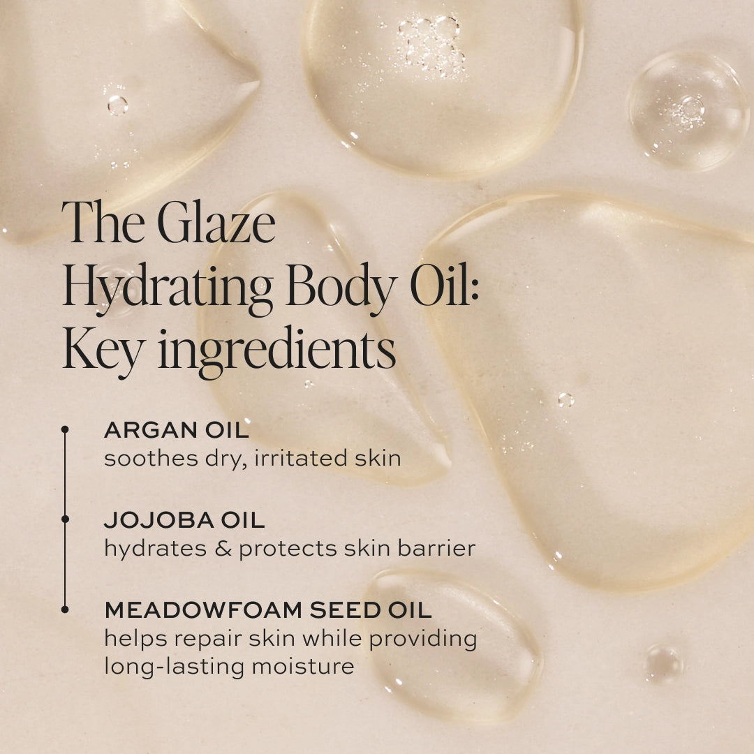 Clear gel droplets and liquid puddles on cream background with text listing argan oil, jojoba oil, and meadowfoam seed oil in