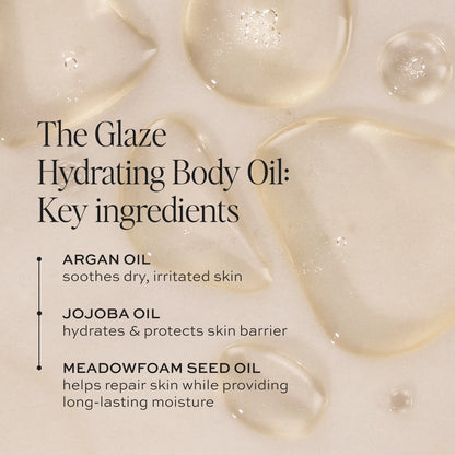 Clear gel droplets and liquid puddles on cream background with text listing argan oil, jojoba oil, and meadowfoam seed oil in