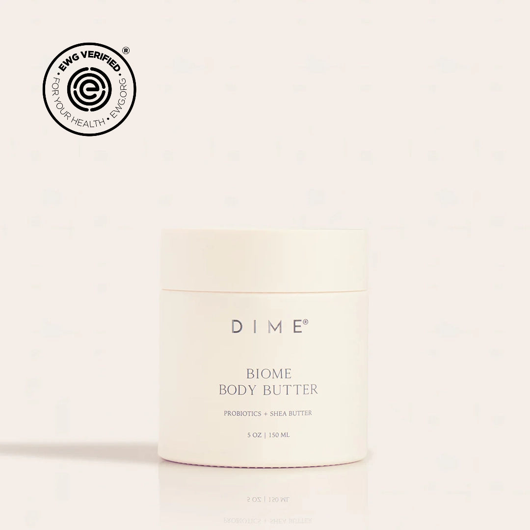 DIME Biome Body Butter in white jar with label, 5 oz, featuring EWG verification seal.