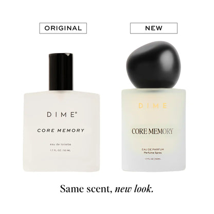 DIME Core Memory perfume in original cylindrical bottle with black cap and new spherical bottle with black dome cap, both 1.7