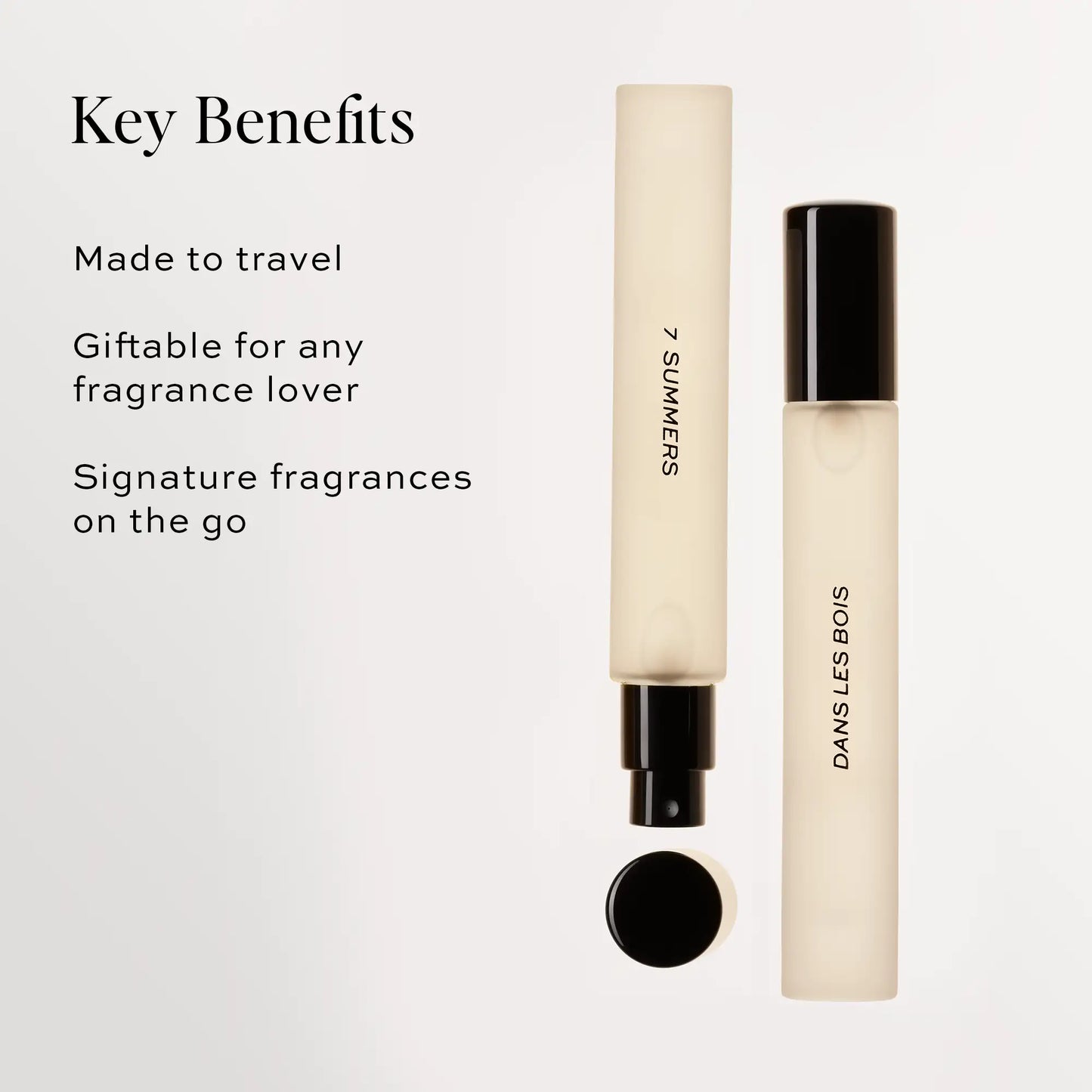 Two cream and black fragrance rollerballs labeled "4 Summers" and "Dams Les Bois" displayed vertically.