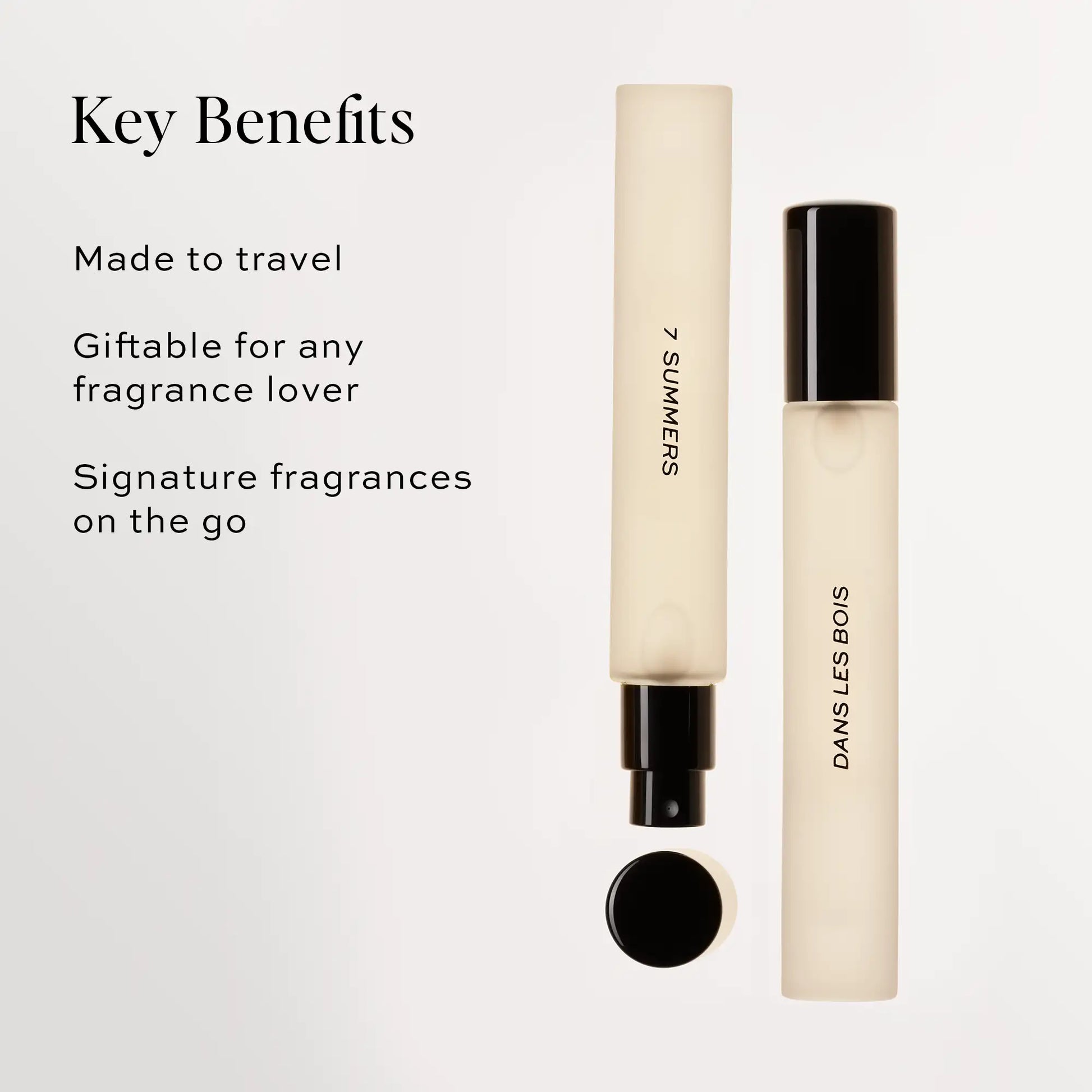 Two cream and black fragrance rollerballs labeled "4 Summers" and "Dams Les Bois" displayed vertically.