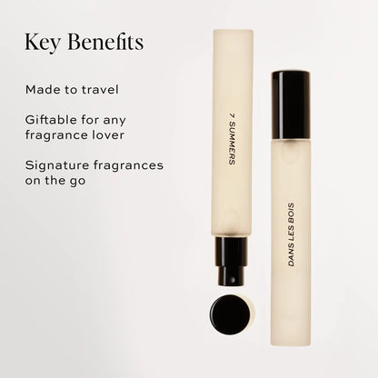 Two cream and black fragrance rollerballs labeled "4 Summers" and "Dams Les Bois" displayed vertically.