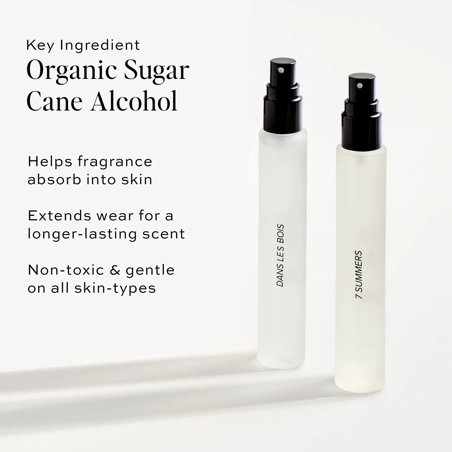 Two white spray bottles with black atomizers labeled "Damselsboss" and "7 Summers" fragrance.