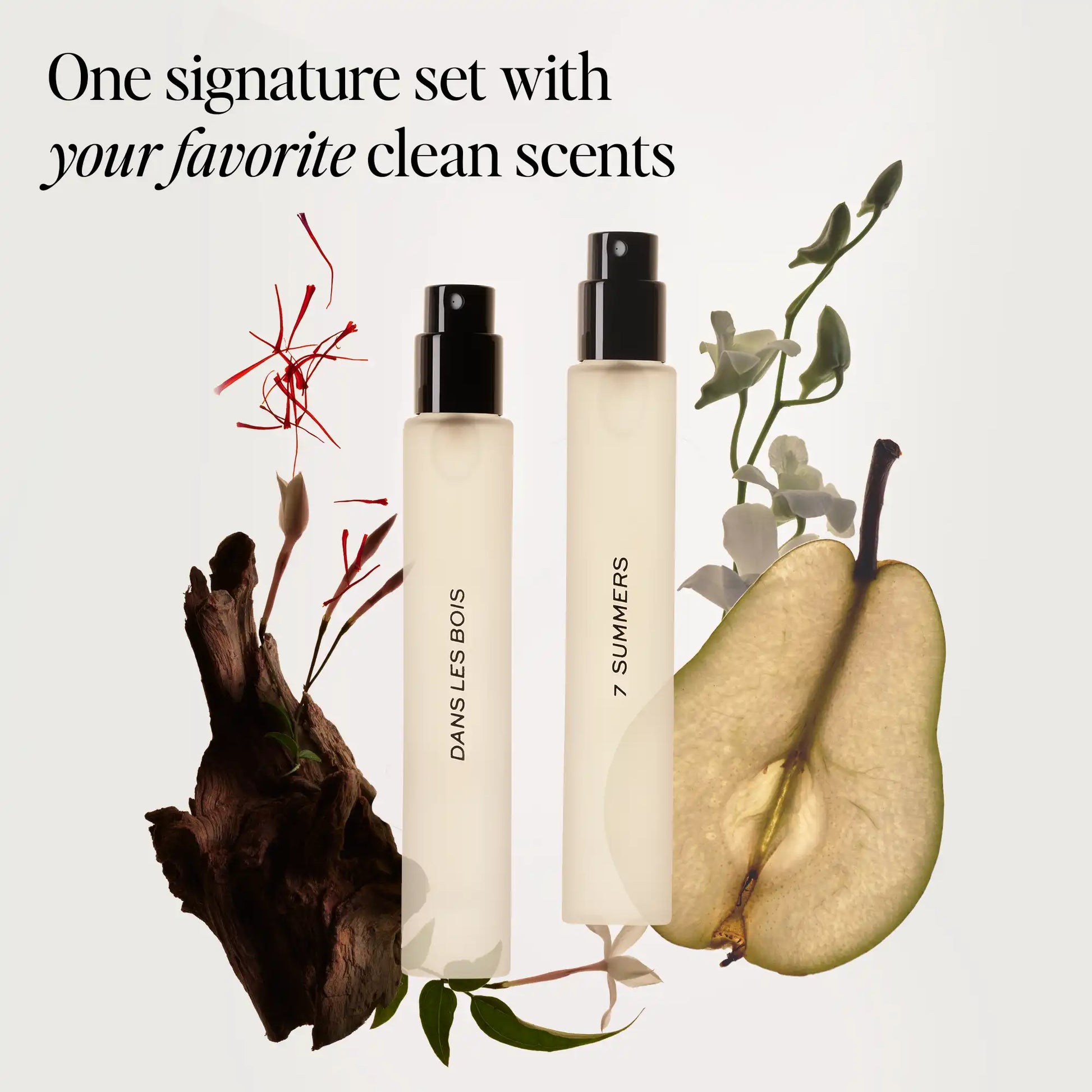 Two cream-colored spray bottles labeled "Dains Les Bois" and "7 Summers" surrounded by botanical elements including wood, dri