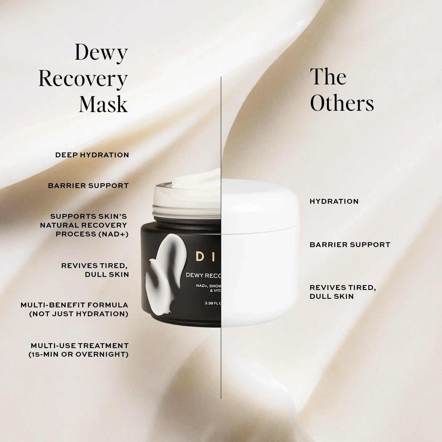 Black and white cosmetic jar with cream product displayed next to comparison product on neutral background with product benef