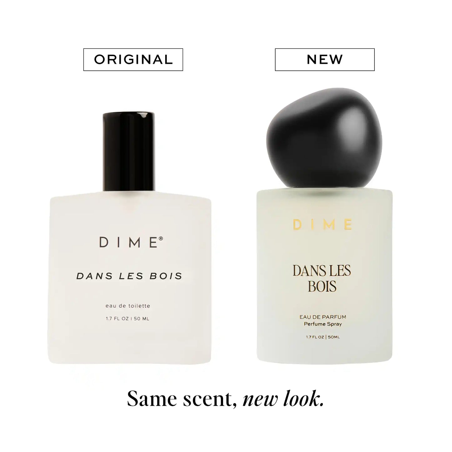 Original and new formulation bottles of Dans Les Bois perfume side by side, showing cylindrical and spherical designs.