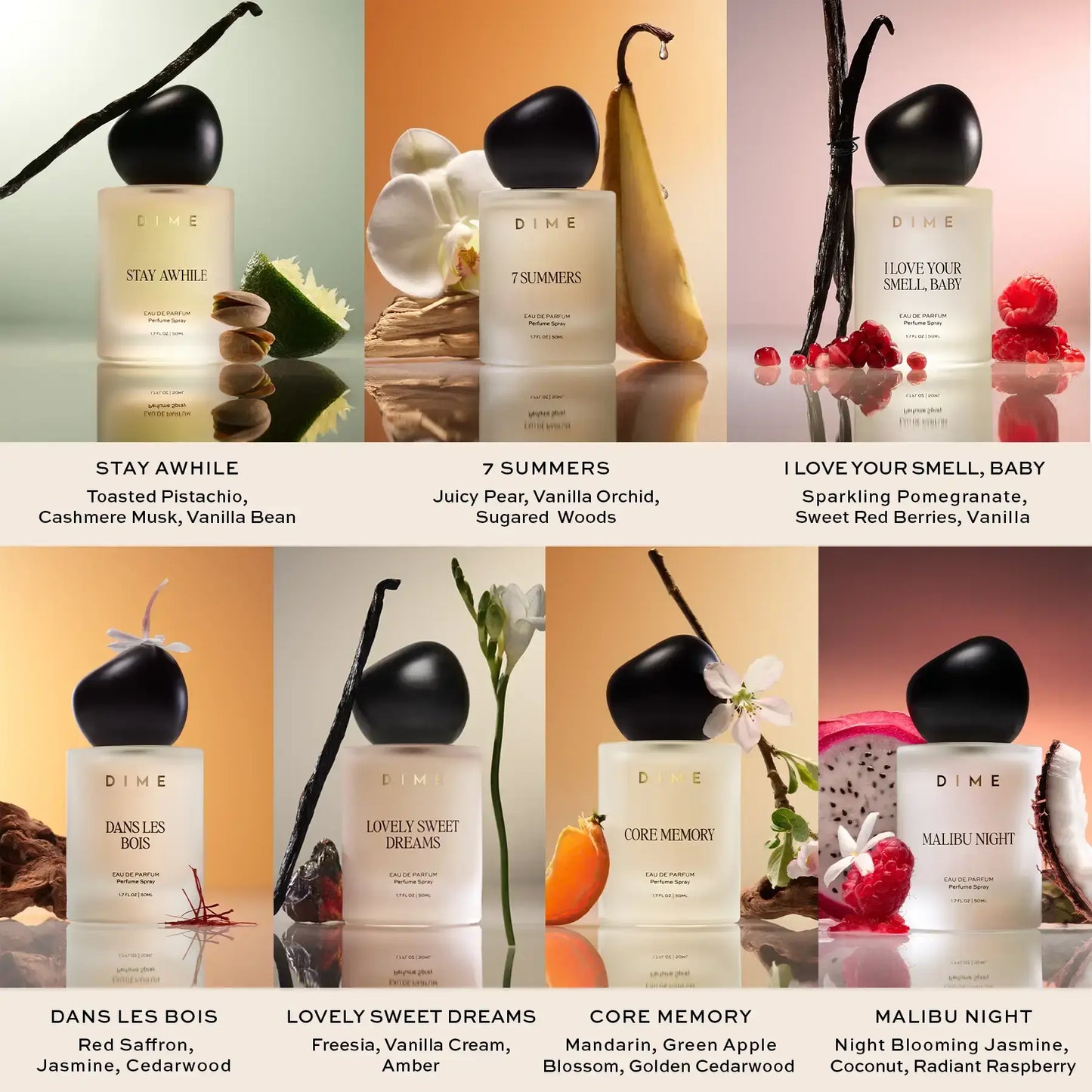 Two DIME perfume bottles with black caps and cream-colored labels displayed among colorful styled ingredients and florals.