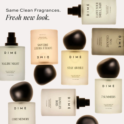 Collection of DIME fragrances in cream and beige bottles with black spherical caps, featuring Malibu Night, Stay Awhile, Core