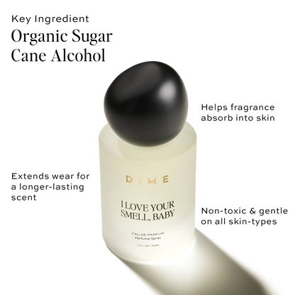 Cream-colored perfume spray bottle with black spherical cap and "I Love Your Smell, Baby" text label.