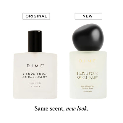 Two cream-colored perfume bottles side by side labeled "Original" and "New," with black caps, showing updated packaging desig