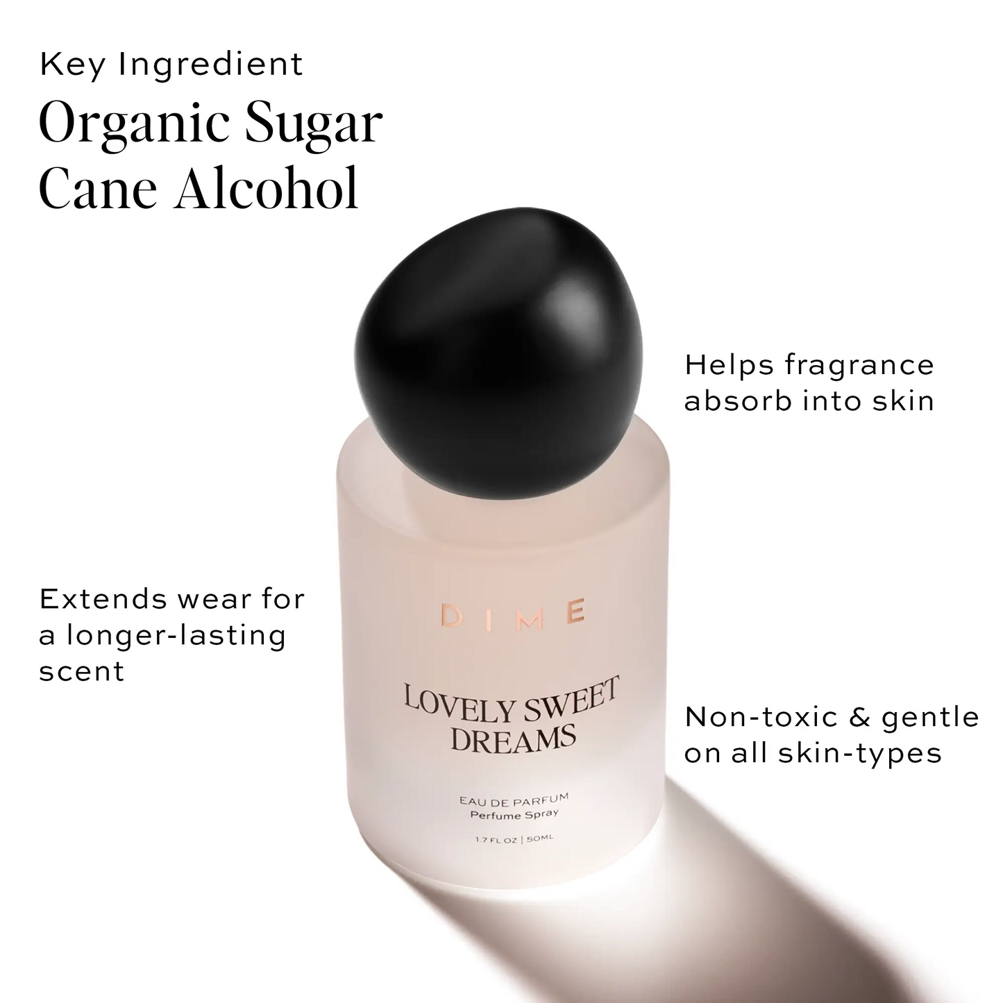 Beige perfume bottle with black spherical cap labeled "Lovely Sweet Dreams" eau de parfum spray.