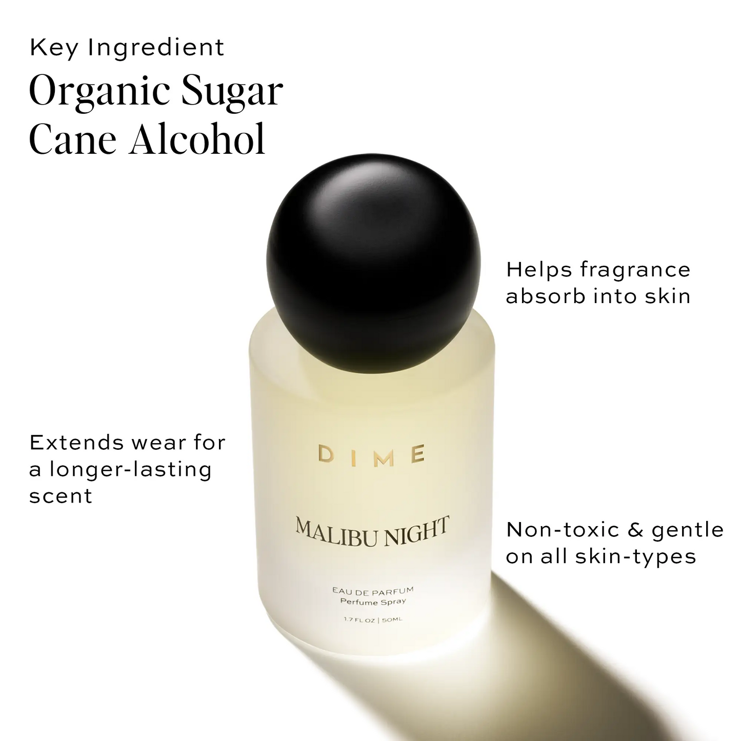 Cylindrical cream-colored perfume bottle labeled "Malibu Night" with black spherical cap and product information text surroun
