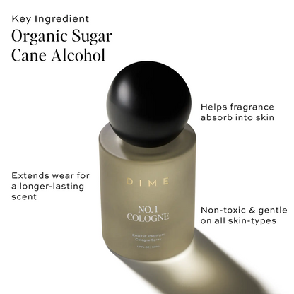 DIME No. 1 Cologne spray bottle with black spherical cap and beige cylindrical body.
