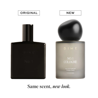 Original and new DIME No. 1 Cologne bottles side by side, showing black rectangular original bottle and taupe rounded bottle 