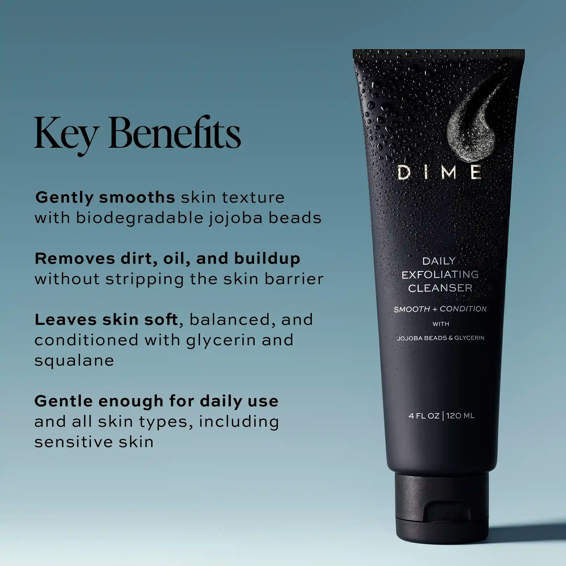 Black tube of DIME Daily Exfoliating Cleanser with white text on blue background, 4 fl oz size.