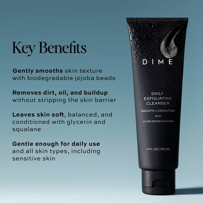 Black tube of DIME Daily Exfoliating Cleanser with white text on blue background, 4 fl oz size.