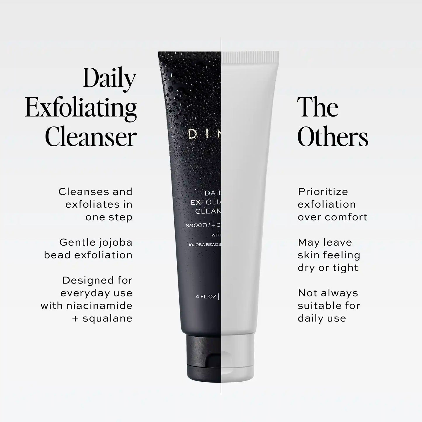Black tube with textured surface containing Daily Exfoliating Cleanser with jojoba beads, 4 FL OZ.