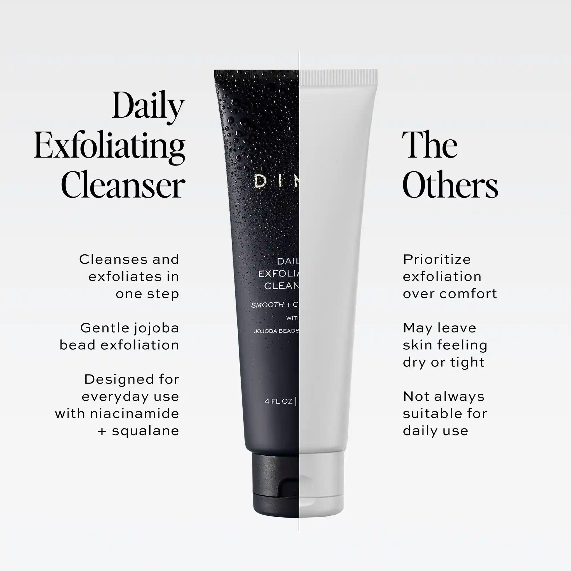 Black tube with textured surface containing Daily Exfoliating Cleanser with jojoba beads, 4 FL OZ.