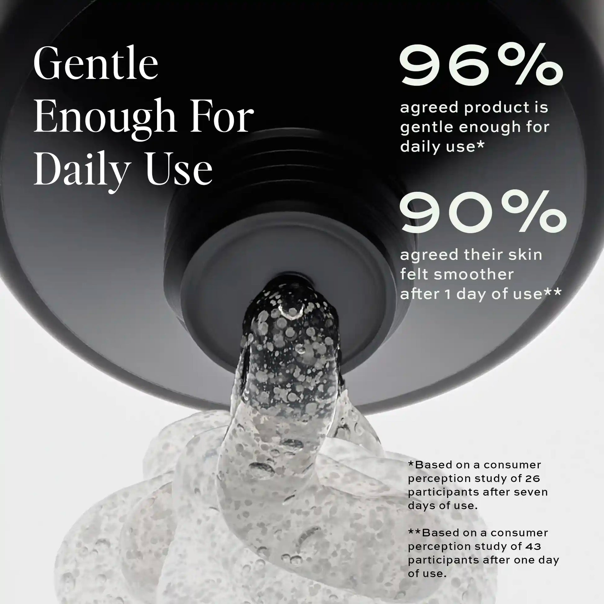 Clear cleanser with exfoliating granules pouring from a dark circular container onto a textured surface.
