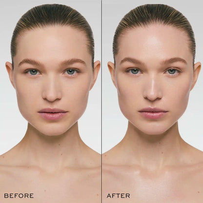 Before and after comparison of a woman's face showing skin texture and appearance changes.