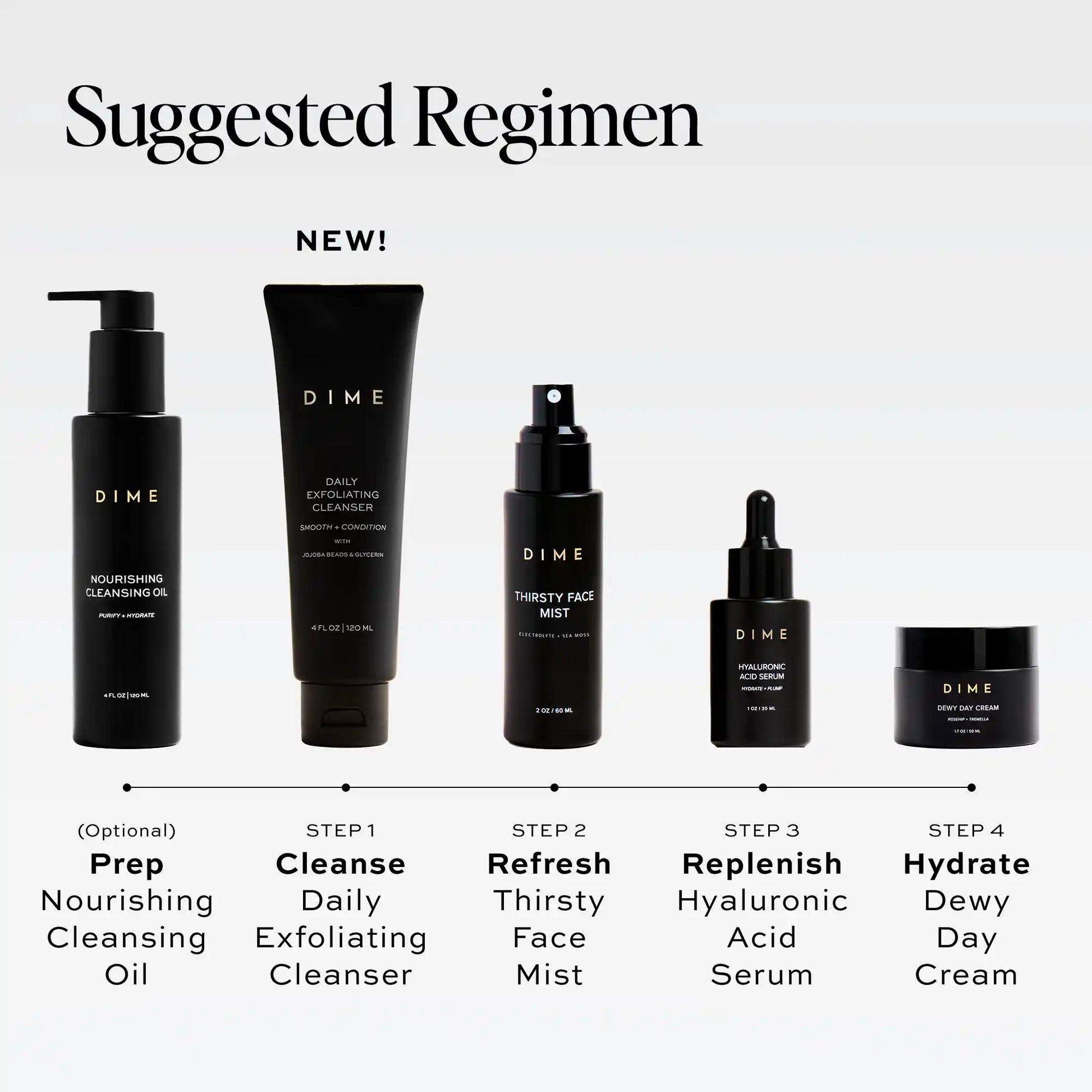 Black tube of Daily Exfoliating Cleanser by DIME, 4 fl oz, displayed as step one in a skincare routine.
