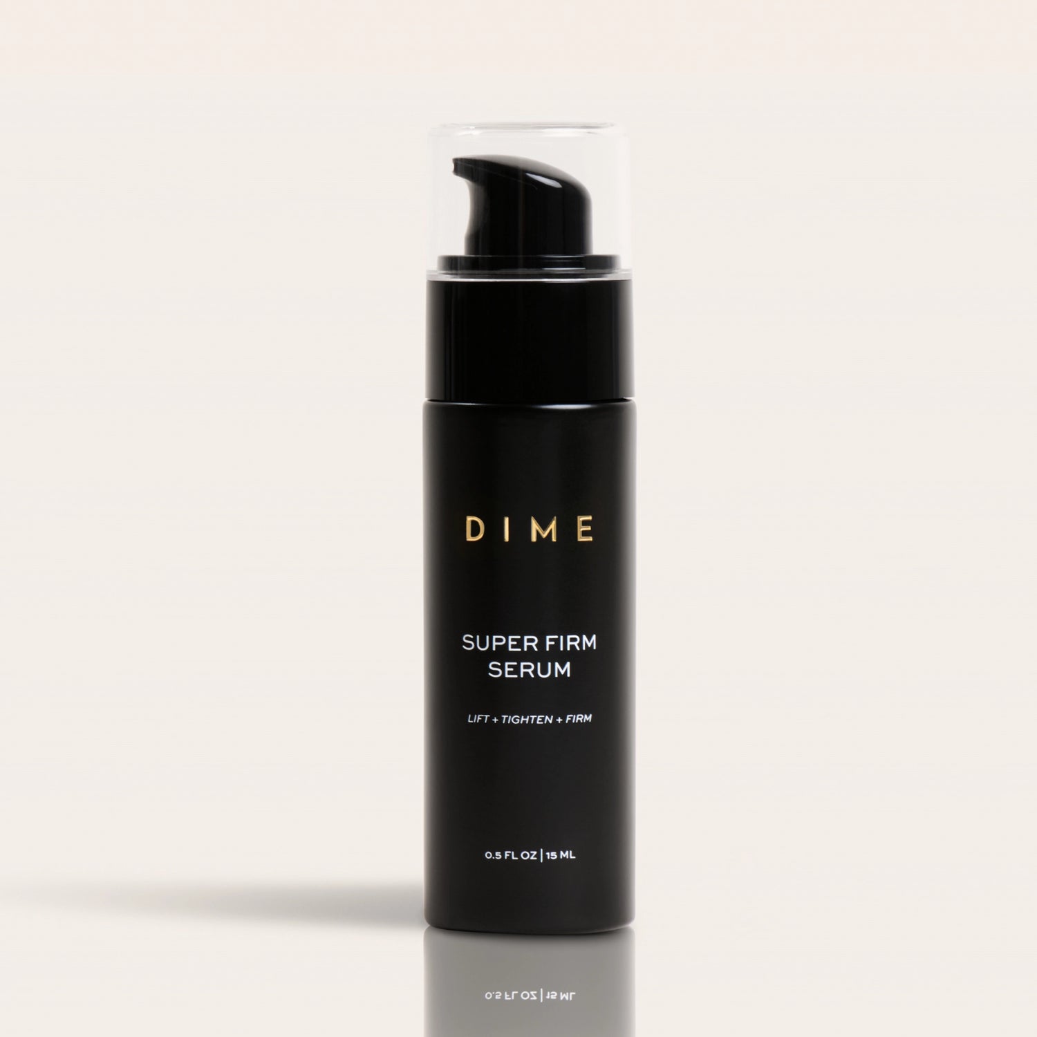 Black cylindrical pump bottle labeled "DIME Super Firm Serum" with clear top cap, 0.5 FL OZ size.