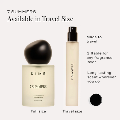 7 Summers perfume travel spray bottle with black spray top next to full-size bottle with black spherical cap.