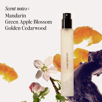 Slender white perfume spray bottle with black atomizer surrounded by mandarin peels, white blossoms, and dark wood.