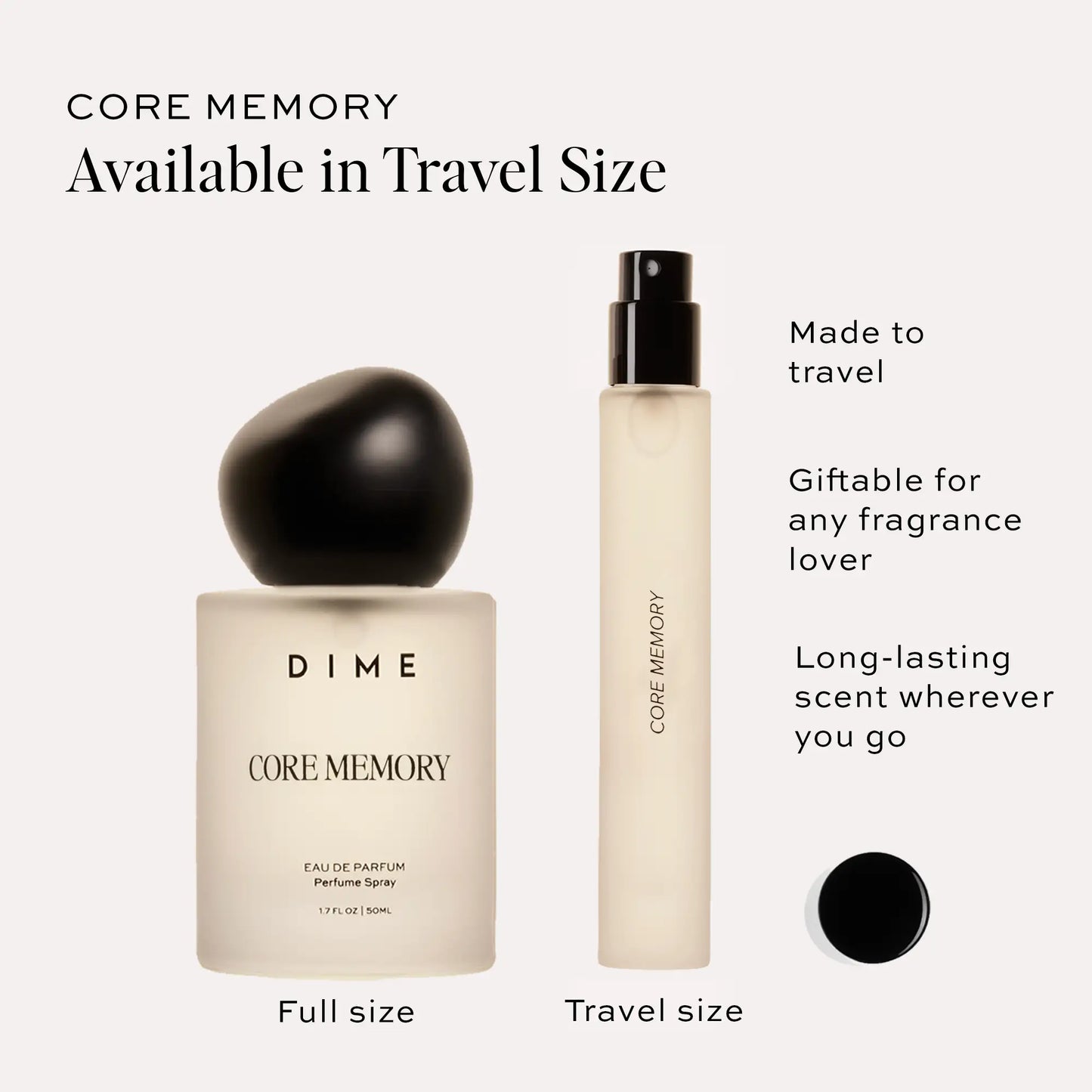 Core Memory perfume travel spray with black spray atomizer and cream-colored bottle displayed next to full-size version.