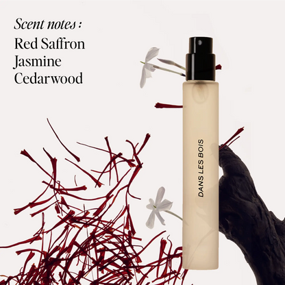 Cream-colored perfume spray bottle with black atomizer, surrounded by dried burgundy branches and white flowers.