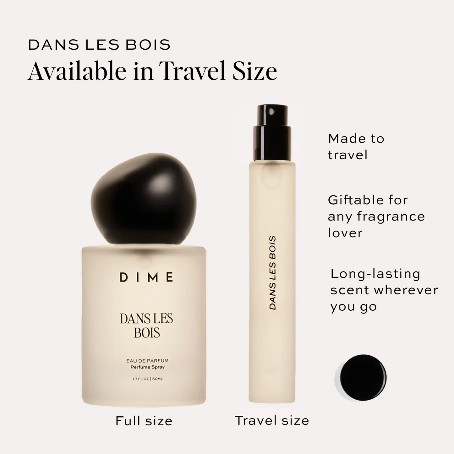 Dans Les Bois perfume travel spray bottle with black atomizer next to full-size bottle for size comparison.